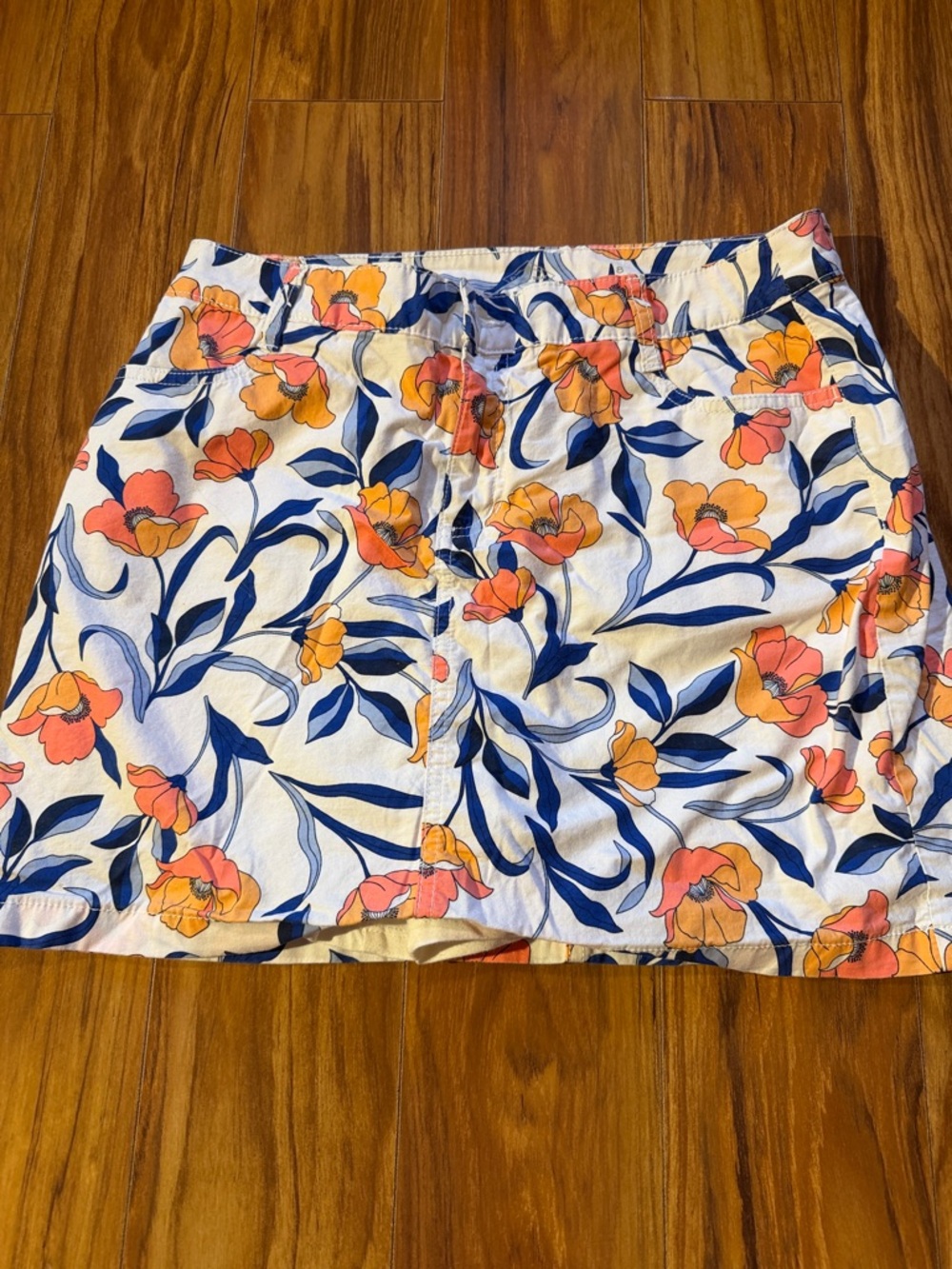Floral Cotton Mini Skirt in White with Navy & Coral Flowers